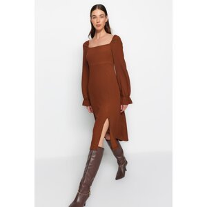 Trendyol Brown Crested/Textured Square Neck Slit Long Sleeve Midi Knitted Dress