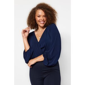 Trendyol Curve Navy Blue Knitted Balloon Sleeve Double Breasted Neck Blouse