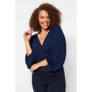 Trendyol Curve Navy Blue Knitted Balloon Sleeve Double Breasted Neck Blouse