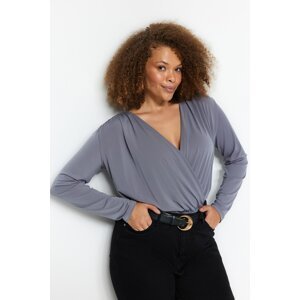 Trendyol Curve Gray V-Neck Double Breasted Closure Snap Knitted Body