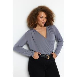 Trendyol Curve Gray Knitted V Neck Double Breasted Closure With Snaps Body