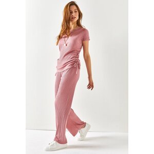 Olalook Women's Pale Pink Gathered Blouse Palazzo Trousers Suit