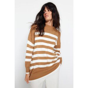Trendyol Camel Ecru Striped Stitching Detailed Knitwear Sweater