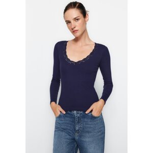 Trendyol Navy Blue V-Neck Lace Detail Ribbed Fitted/Situated Cotton Stretch Knit Blouse