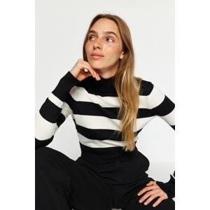 Trendyol Black Super Crop Premium/Special Yarn Striped Knitwear Sweater
