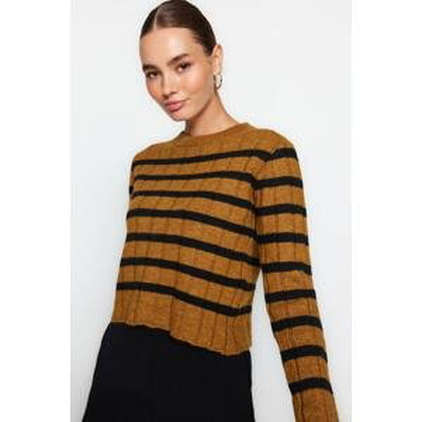 Trendyol Camel Soft Textured Striped Knitwear Sweater