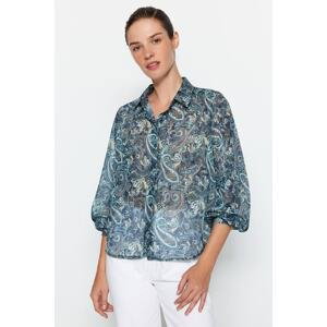 Trendyol Blue Paisley Pattern Transparent Oversize/Wide Fit Woven Shirt