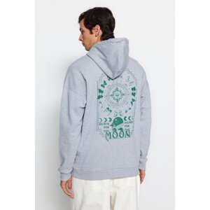 Trendyol Gray Men's Oversize Hooded Space Printed Soft Lined Cotton Sweatshirt