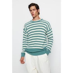 Trendyol Mint Men's Oversize Fit Wide Fit Crew Neck Striped Knitwear Sweater