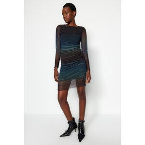 Trendyol Multicolored Crewneck Printed Mini Knitted Dress with Shirring and Fitted Details