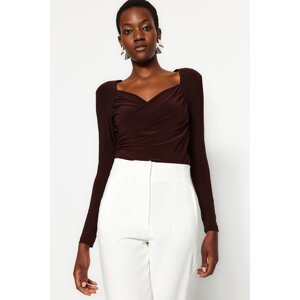 Trendyol Brown Waistband Draped Detailed Fitted/Situated Elastic Snaps Knitted Bodysuit