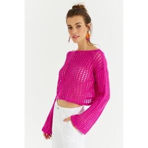 Cool & Sexy Women's Fuchsia Spanish Sleeve Openwork Knitwear Short Blouse