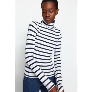 Trendyol Navy Blue Premium Soft Fabric Turtleneck Fitted/Situated Striped Knitted Blouse