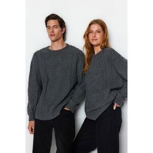 Trendyol Men's Gray Oversize Wide Fit Crew Neck Hair Braided Knitwear Sweater