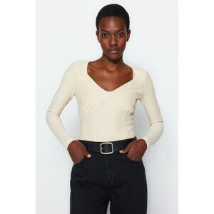 Trendyol Stone Ottoman Slim Stitch Detailed V Neck Elastic Knitted Blouse