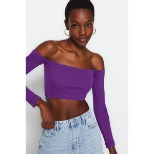 Trendyol Purple Fitted Super Crop Carmen Collar Ribbed Stretch Knitted Blouse