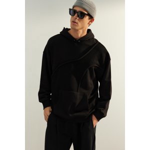 Trendyol Men's Black Oversize/Wide-Fit Hoodie. Stitched Front Cotton Sweatshirt