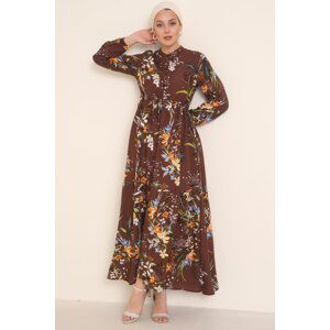 Bigdart 2144 Brown Patterned Grand Collar Dress