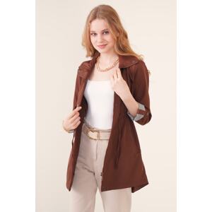 Bigdart 10322 Brown Waist Gathered Trench Coat with Pocket Detail