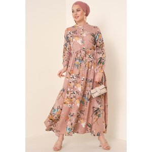 Bigdart 2144 Dried Rose Patterned Hijab Dress with a Big Collar