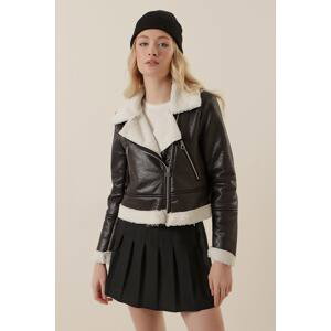 Bigdart 5155 Double Breasted Collar Faux Fur Leather Jacket - B.black