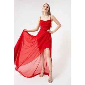 Lafaba Women's Red Chest Draped Flounced Glitter Evening Dress