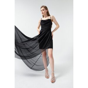Lafaba Women's Black Chest Draped Flounce Glitter Evening Dress