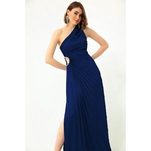 Lafaba Women's Navy Blue One-Shoulder Decollete Long Evening Dress.