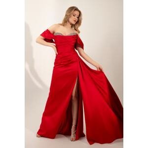 Lafaba Women's Red Boat Neck Slit Long Satin Evening Dress