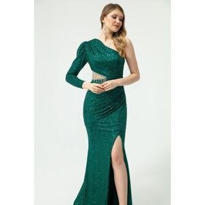 Lafaba Women's Emerald Green Single Sleeve Sequined and Stone Long Evening Dress
