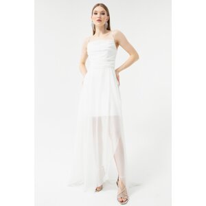 Lafaba Women's White Chest Draped Flounce Glitter Evening Dress