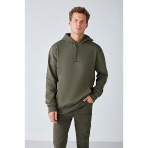 GRIMELANGE Epic Men's Soft Fabric Hooded Corded Regular Fit Embroidered Khaki Sweatshirt