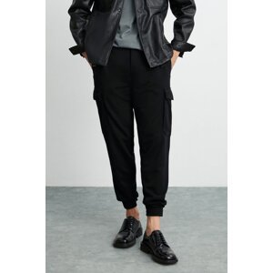 GRIMELANGE Leroy Men's Thick Textured Fabric, Velcro, 6 Pocket, Wide Cut Black Trousers with Elastic Waist