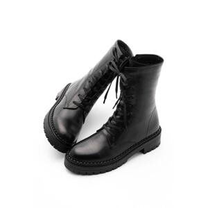 Marjin Women's Genuine Leather Boots Boots with Zipper, Lace-up Serrated Sole Daily Boots Kariva Black.