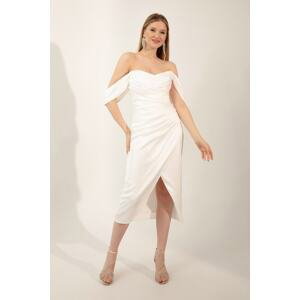 Dámské bílé šaty Lafaba s lodním výstřihem a drapérií, midi délka, večerní.