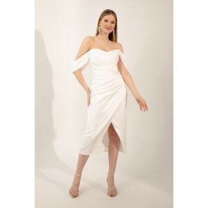 Lafaba Women's White Boat Neck Draped Midi Evening Dress