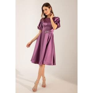 Lafaba Women's Lavender Balloon Sleeve Stone Belted Mini Satin Evening Dress