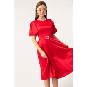 Lafaba Women's Red Balloon Sleeve Stony Belted Mini Satin Evening Dress