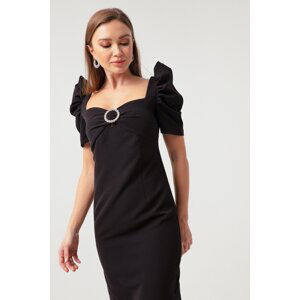 Lafaba Women's Black Stone Buckle Balloon Sleeve Dress