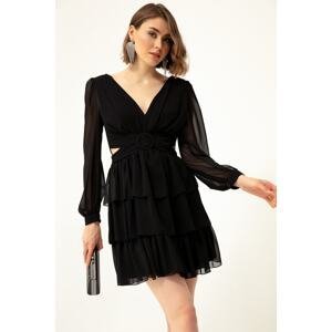 Lafaba Women's Black Frilly Decollete Mini Chiffon Evening Dress