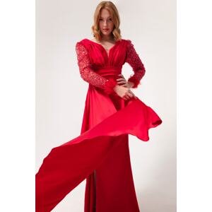 Lafaba Women's Red V-Neck Long Evening Dress with Slits.