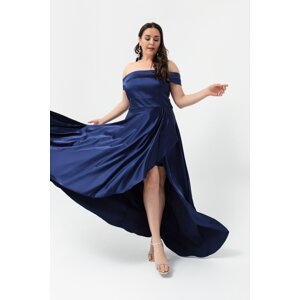 Lafaba Women's Navy Blue Boat Neck Plus Size Satin Evening Dress & Prom Dress