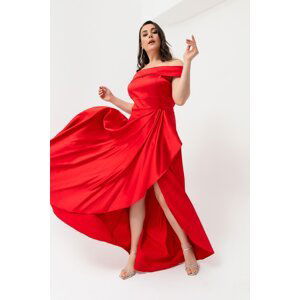 Lafaba Women's Red Boat Neck Plus Size Satin Evening Dress & Prom Dress