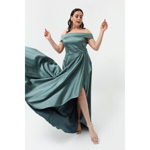 Lafaba Women's Turquoise Boat Neck Plus Size Satin Evening Dress & Prom Dress