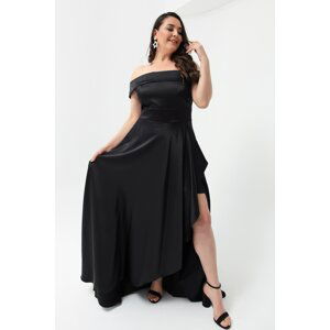 Lafaba Women's Black Boat Neck Plus Size Satin Evening Dress & Prom Dress