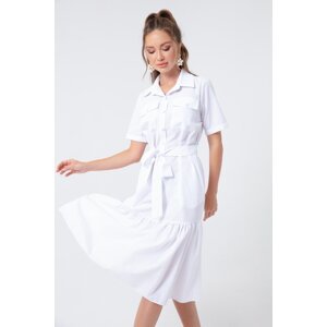 Lafaba Women's White Coated Buttons and Belted Dress Wide Size Range