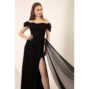 Dámské černé večerní šaty Lafaba s lodičkovým výstřihem, dlouhé, třpytivé, s rozparkem.