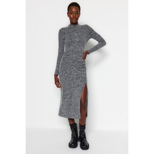 Trendyol Anthracite Crew Neck Soft Midi Fitted Knitted Dress with Slit and Gather Detail