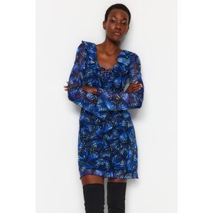 Trendyol Blue Printed Tulle Lined Mini Skater/Waist Knitted Dress with Tie Detail