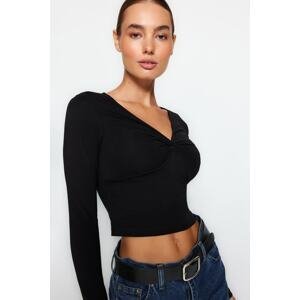 Trendyol Black Cotton Chest Gathered Fitted Regular Length Knitted Blouse